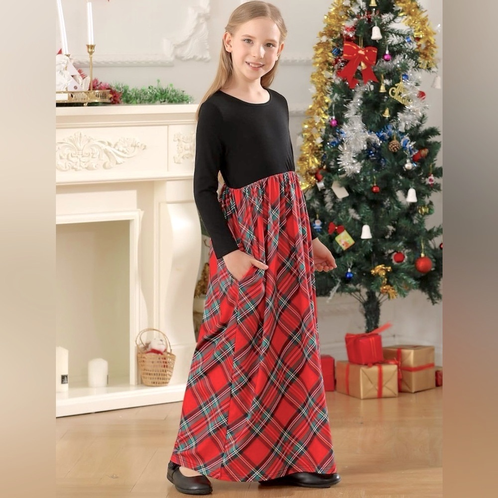 Festive Black & Red Plaid Long Sleeve Dress - Picture 3 of 5